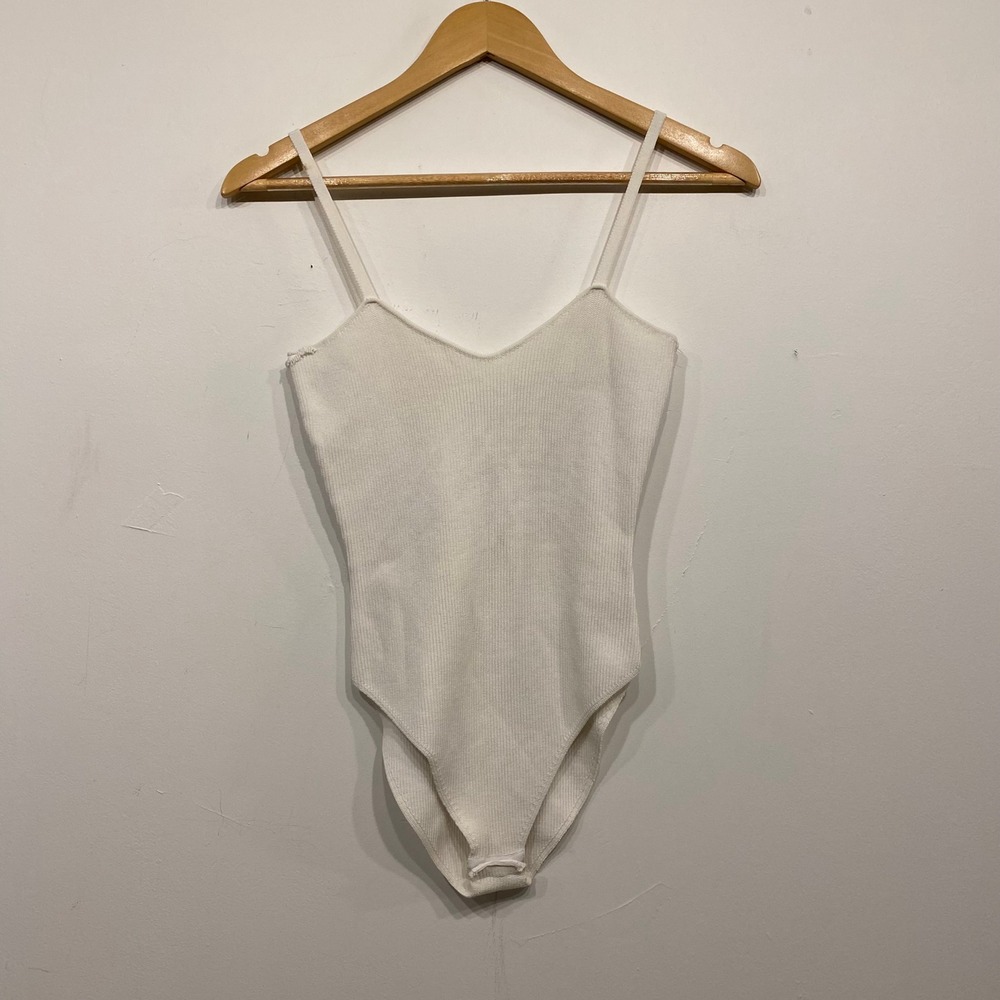 SIXDO Womens White Ribbed Knit Spaghetti Strap V-Neck Bodysuit Size Medium